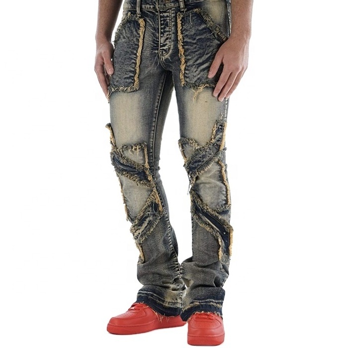 Yingling Stacked Jeans Men's Stacked Trousers Tapered Pants Locked And Loaded Ripper Jeans