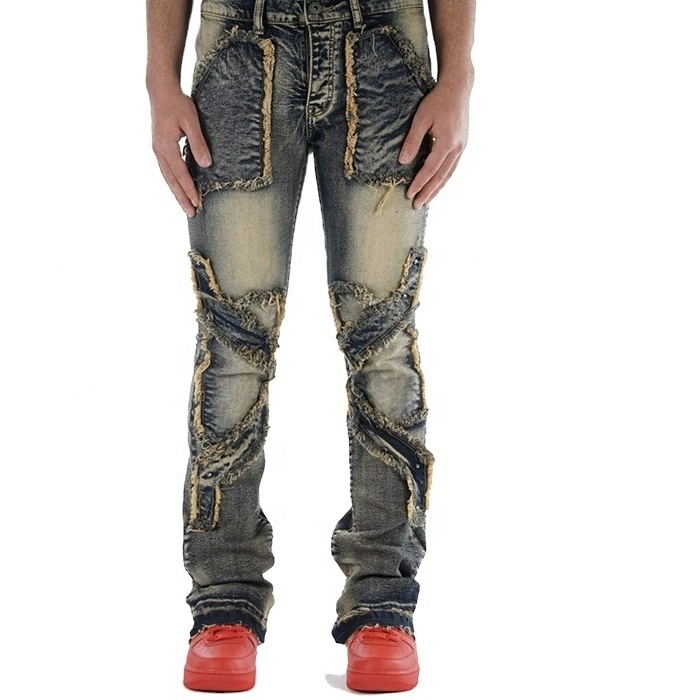 Yingling Stacked Jeans Men's Stacked Trousers Tapered Pants Locked And Loaded Ripper Jeans