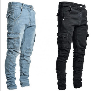 Yingling stack jeans men ripped denim trousers zip off cargo pants hip-hop tapered pants joggers set black denim