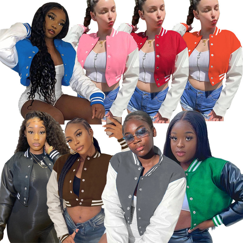 Fall Trendy Baseball Jacket For Women Double Thread Woman Jacket Short And Coat Casual Woven Sleeves Cropped Varsity Jacket