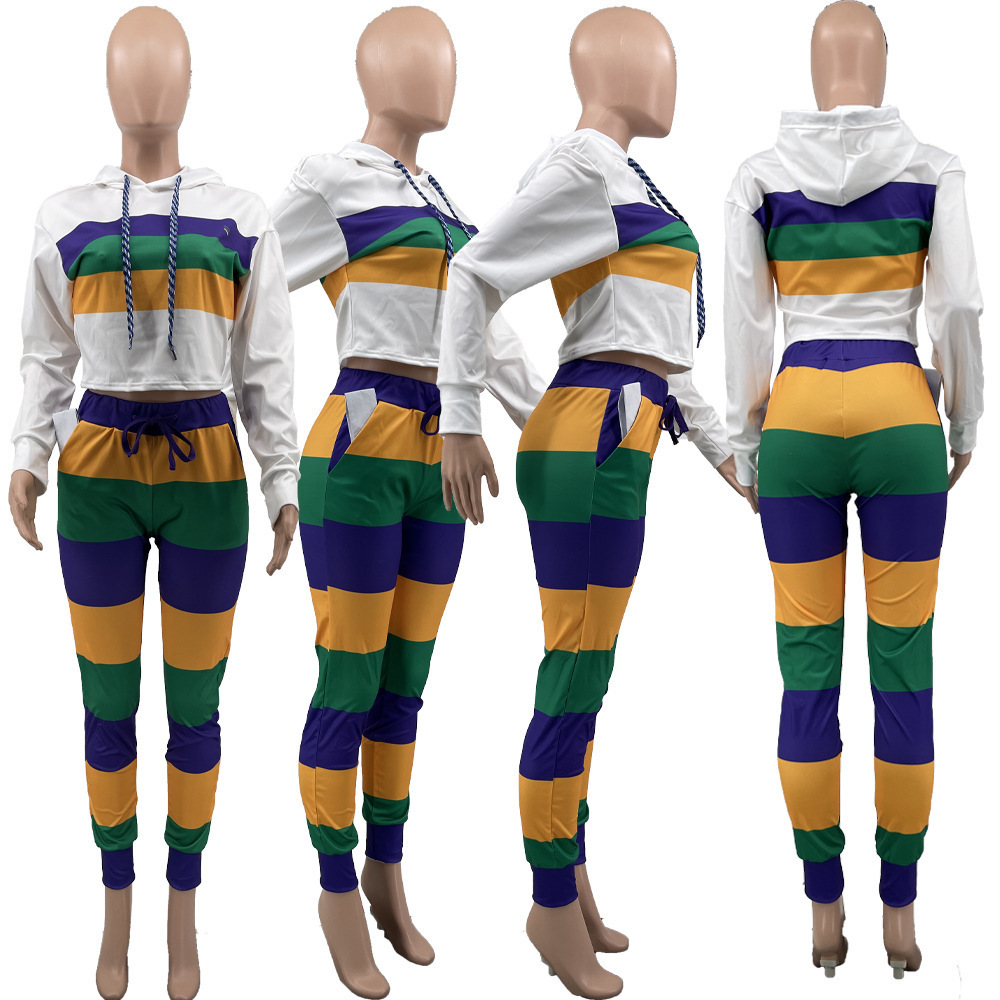 Purple Green Yellow Matching Sets Women Striped Pullover Hoodie Tracksuit Women's Carnival Clothes Cropped Hoodie And Jogger Set