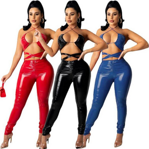 Sexy Halter Cut Out Bra One Piece Women Boutique Jumpsuit Club Wholesale 2022 Latest Black Red Glace Leather Jumpsuit