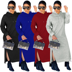 Hot Ladies Fleece Hoodie Dress Wholesale Royal Blue Split Dress Women Slim Fit Long Sleeve Hoodie Elasticity Casual Split Dress