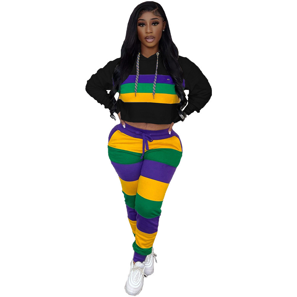 Purple Green Yellow Matching Sets Women Striped Pullover Hoodie Tracksuit Women's Carnival Clothes Cropped Hoodie And Jogger Set