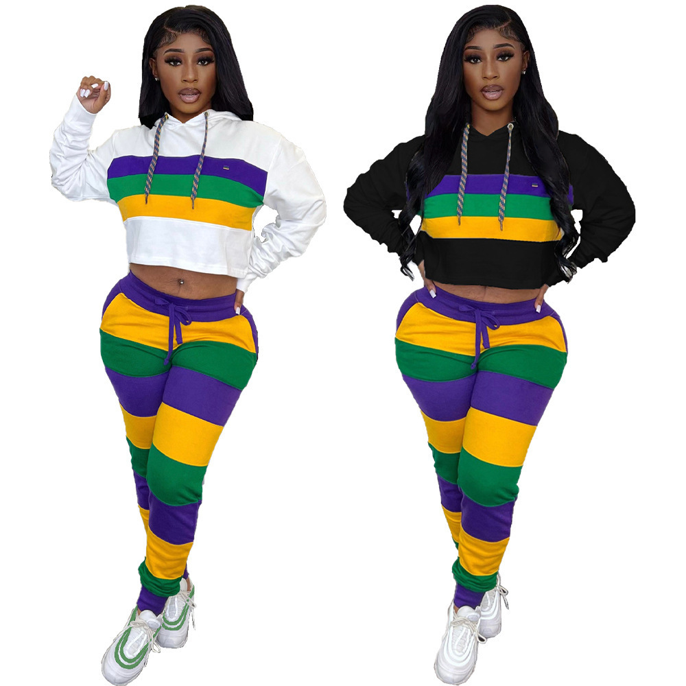 Purple Green Yellow Matching Sets Women Striped Pullover Hoodie Tracksuit Women's Carnival Clothes Cropped Hoodie And Jogger Set