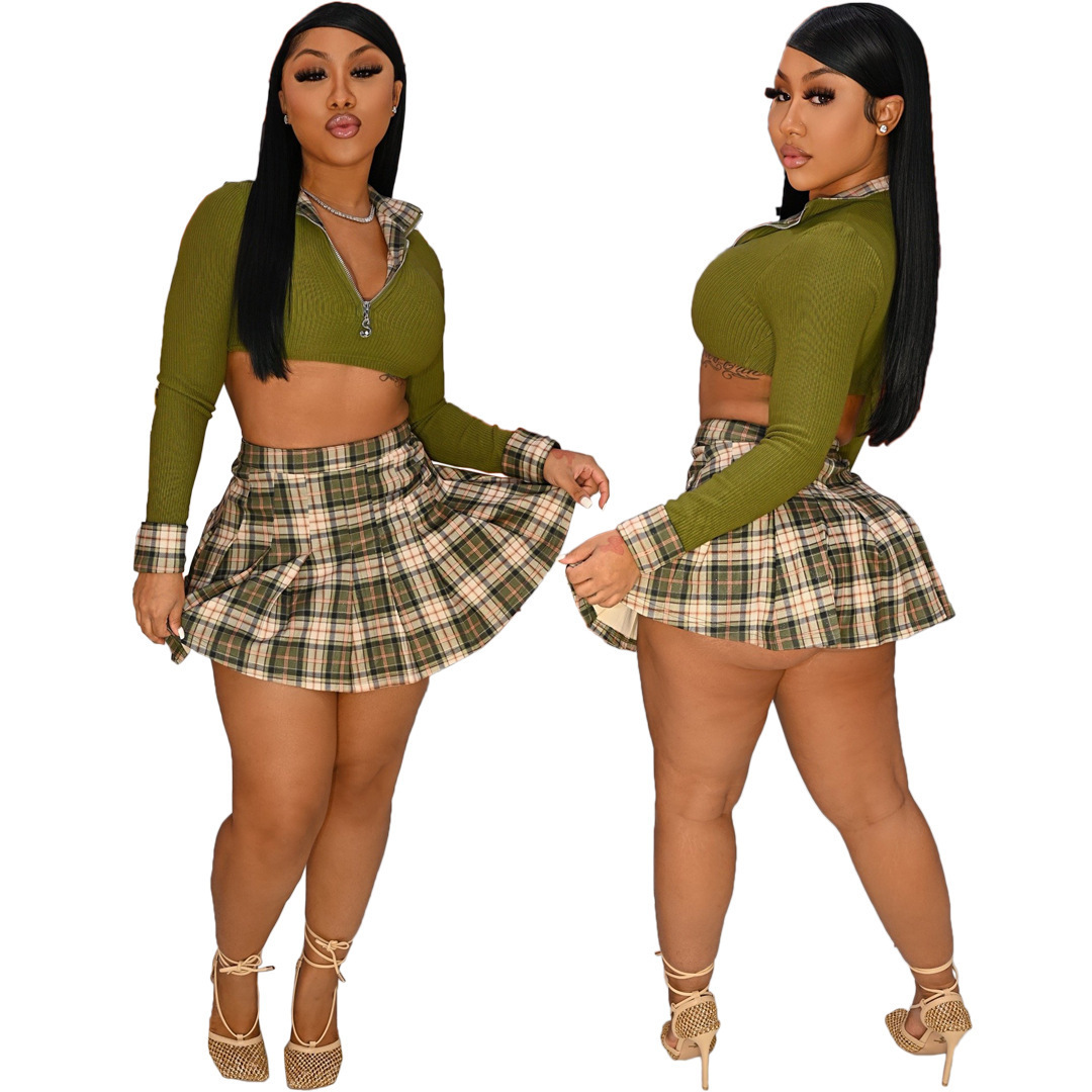 Drop Shipping Women Two Piece Plaid Skirt Set Wholesale Fall 2021 Casual Patchwork Long Sleeve Knit Crop Top And Skirt Set