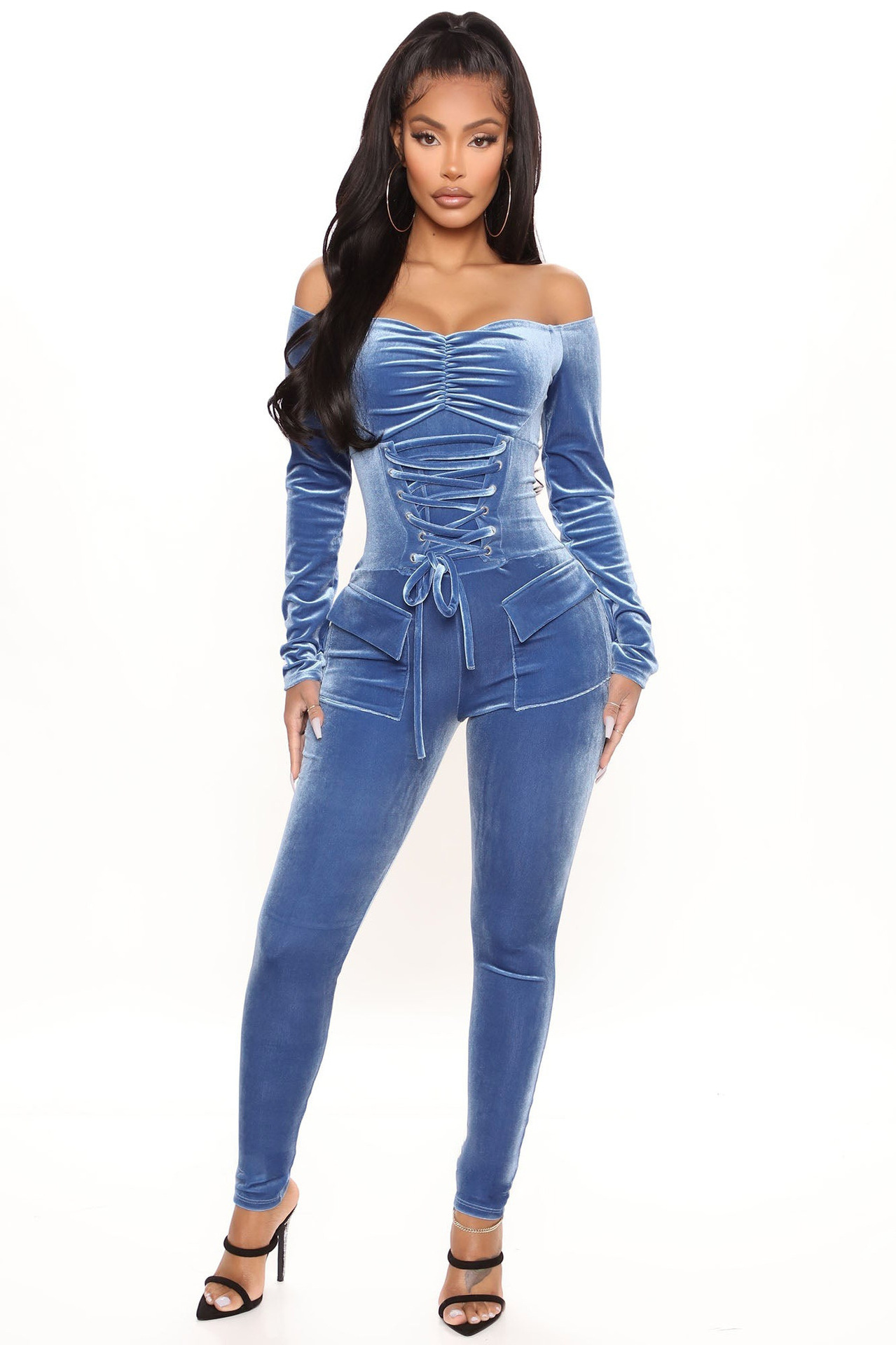 Women's Autumn And Winter New Arrivals Bandage Velvet Jumpsuit Woman Body Shaping Long Sleeve Off Shoulder Velour Jumpsuit