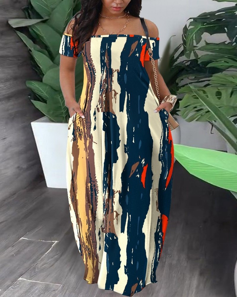 Blue And White Striped Maxi Dress Off The Shoulder Long Dresses Women Camo Casual Loose Plus Size Elegant Dresses 2023