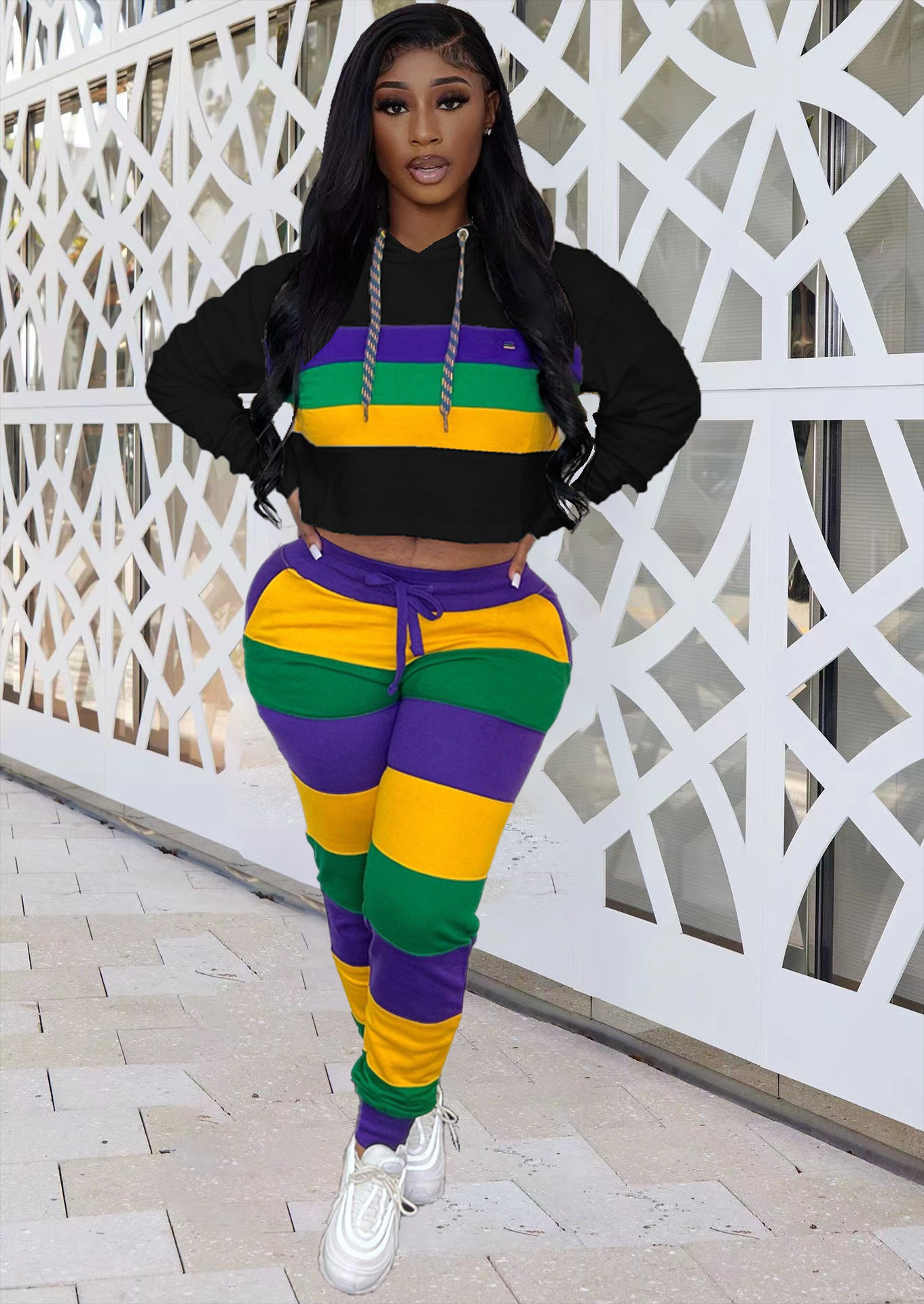 Purple Green Yellow Matching Sets Women Striped Pullover Hoodie Tracksuit Women's Carnival Clothes Cropped Hoodie And Jogger Set