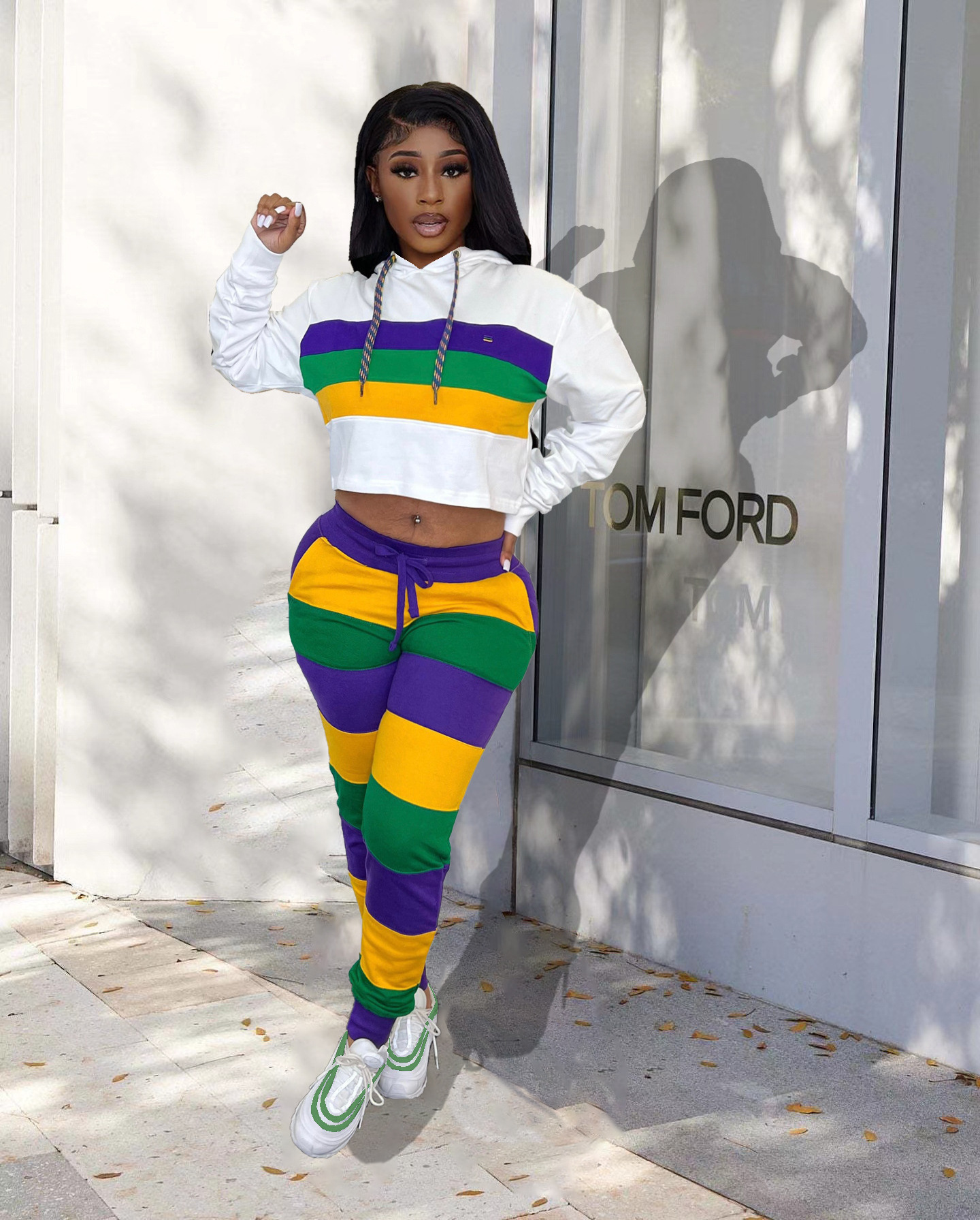 Purple Green Yellow Matching Sets Women Striped Pullover Hoodie Tracksuit Women's Carnival Clothes Cropped Hoodie And Jogger Set