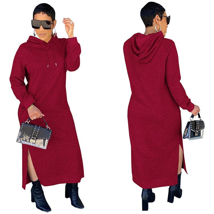 Hot Ladies Fleece Hoodie Dress Wholesale Royal Blue Split Dress Women Slim Fit Long Sleeve Hoodie Elasticity Casual Split Dress