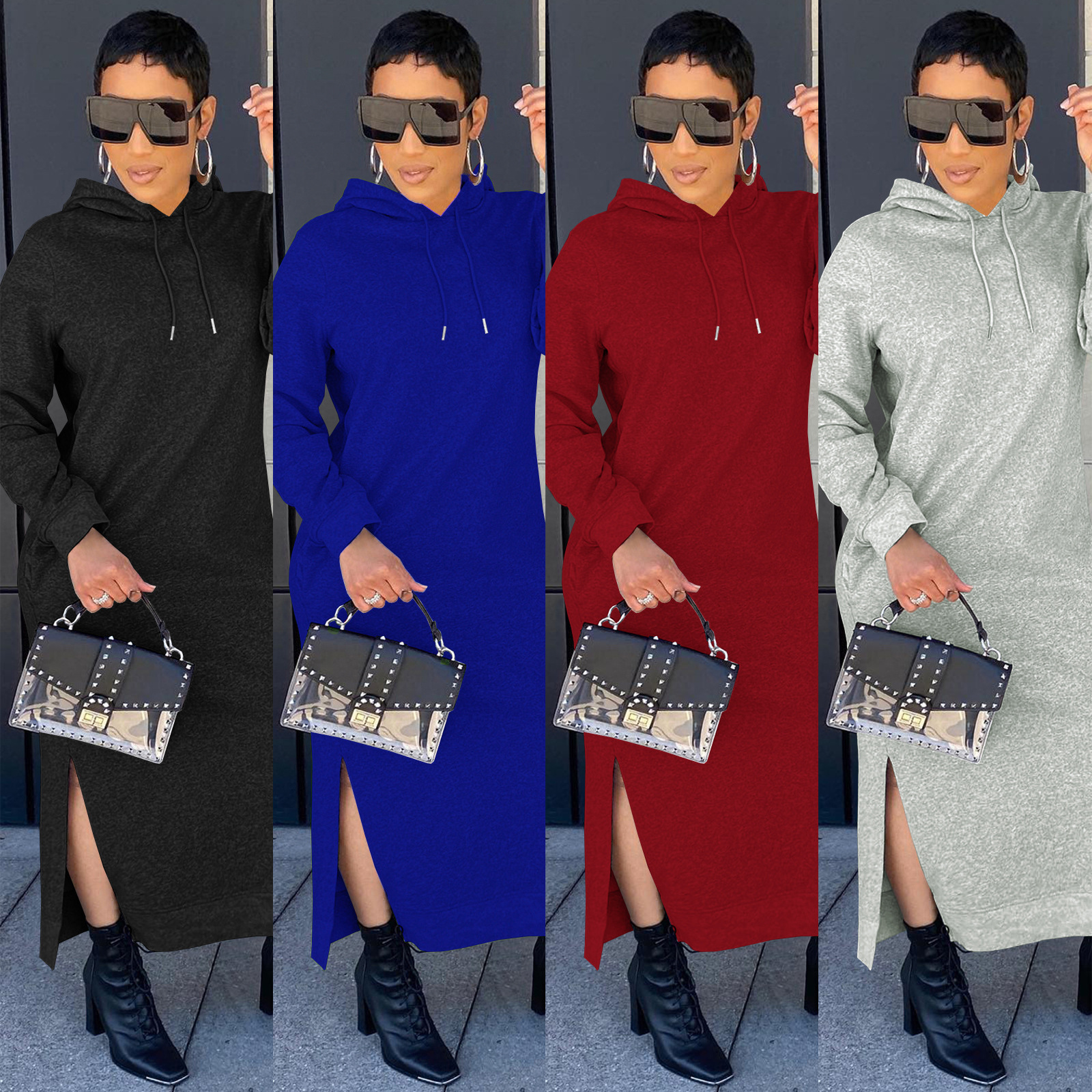 Hot Ladies Fleece Hoodie Dress Wholesale Royal Blue Split Dress Women Slim Fit Long Sleeve Hoodie Elasticity Casual Split Dress