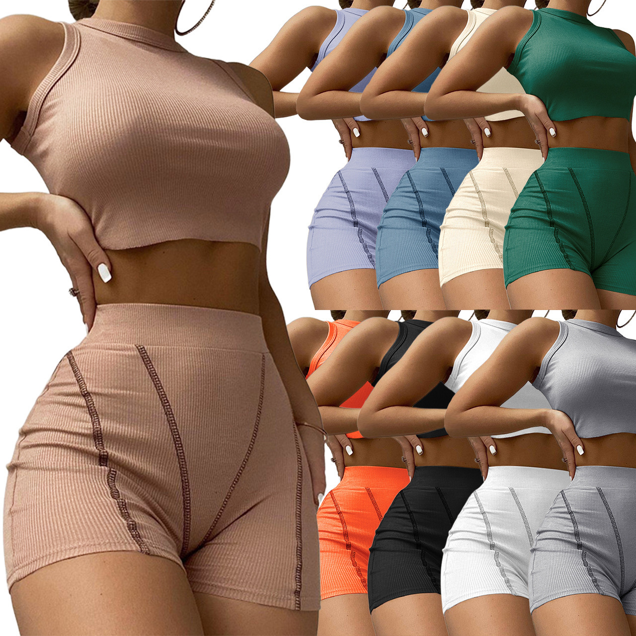 2023 Summer Timeless Loungewear Biker Shorts Streetwear Muscle Rib Knit Women's Skinny Crop Top Boxer Shorts Sets for Women