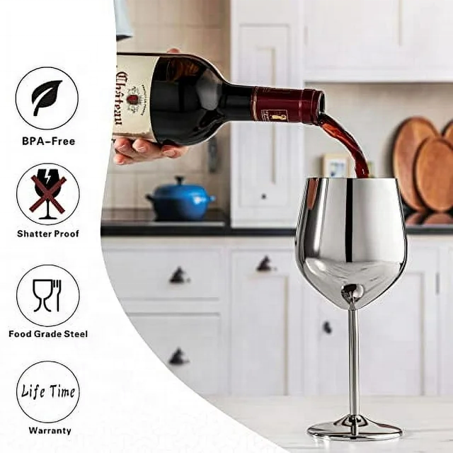 Wholesale Stainless Steel Wine Glass Elegant Metal Stemmed Red Wine Goblet Shatterproof Bar Glasses