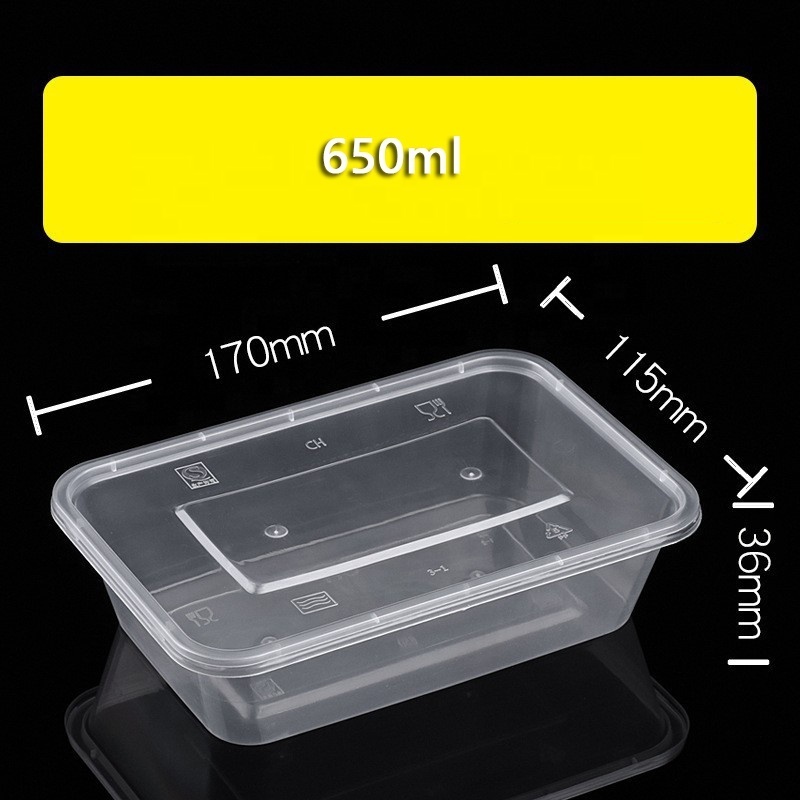 Hot Selling 500ml 650ml 1000ml Clear Black Rectangular Disposable PP Food Box, Microwaveable Plastic Food Containers