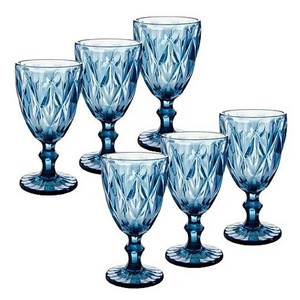 Wine Glasses Wedding Party Colored Machine Pressed Vintage Glass Goblets Embossed Design Glassware 330ml