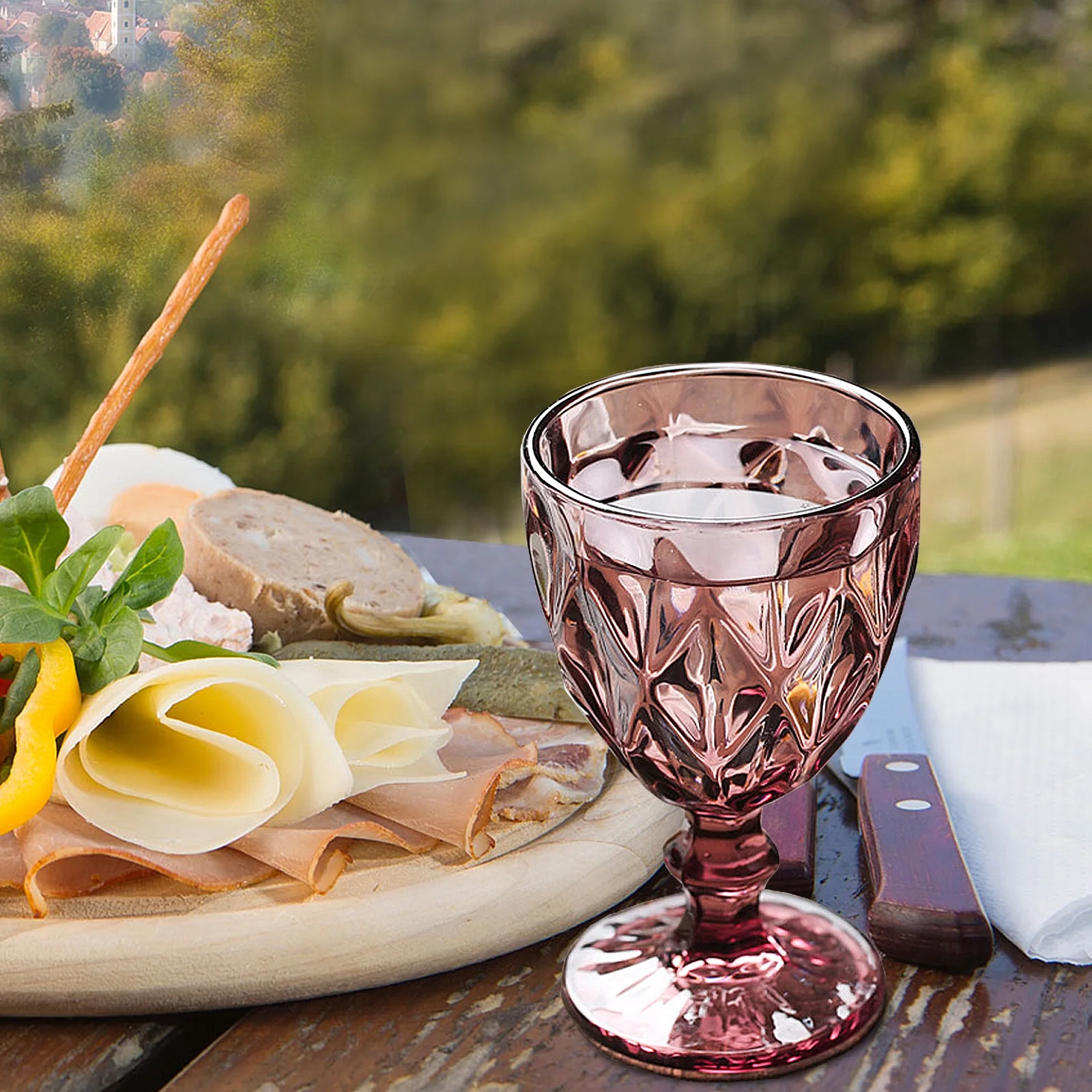 Wholesale Vintage Embossed Blue Pink Glass Goblet High Quality Wedding Wine Water Goblets