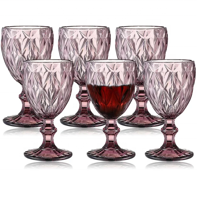 Wholesale Vintage Embossed Blue Pink Glass Goblet High Quality Wedding Wine Water Goblets