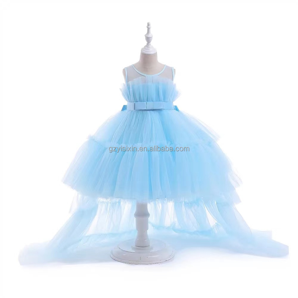 2024 New children's dress Peng Peng gauze cake Princess dress women's Royal Blue flower child first anniversary party dress