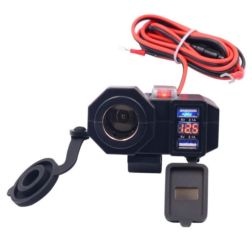 Waterproof LED Voltmeter Motorcycle 12V Dual USB Charger With Cigarette Lighter Socket