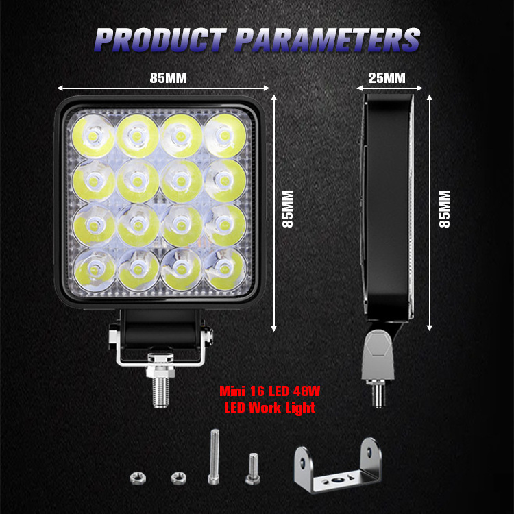 Mini Square 16-lamp automobile LED working lamp 48W auxiliary lamp, motorcycle lamp refitted spotlights, headlights