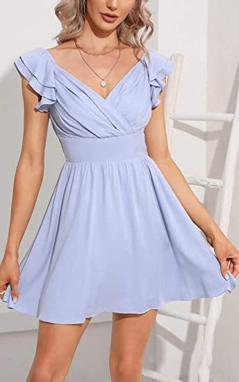 Women's Summer Sexy Flowing Mini Sundress V-neck Pleated Short Sleeve Bodycon Dress Party Cocktail Party Mini Dress