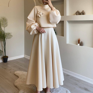 New Casual Middle East Muslim Women Suit Solid Corsage Lantern Sleeve Loose Top And Skirt Suit Undefined