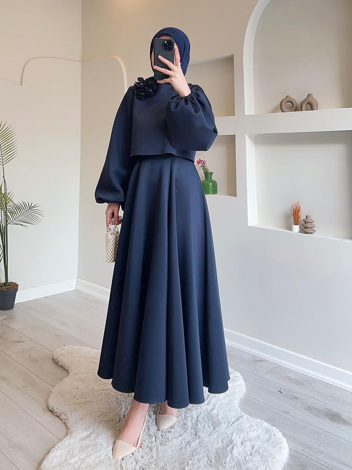 New Casual Middle East Muslim Women Suit Solid Corsage Lantern Sleeve Loose Top And Skirt Suit Undefined