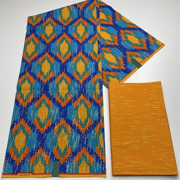 2024 hot sale  6 yards kente African Wax Prints And Gold Fabric 100% Cotton Real Wax Fabric For Dresses