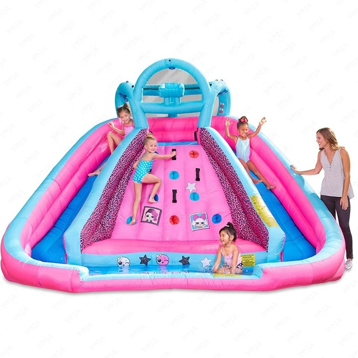 Colorful Inflatable Rock Climbing Race Double Water Slide with big Splash Pool and Basketball hoop for kids