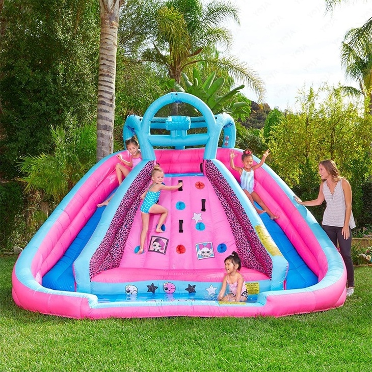 Colorful Inflatable Rock Climbing Race Double Water Slide with big Splash Pool and Basketball hoop for kids