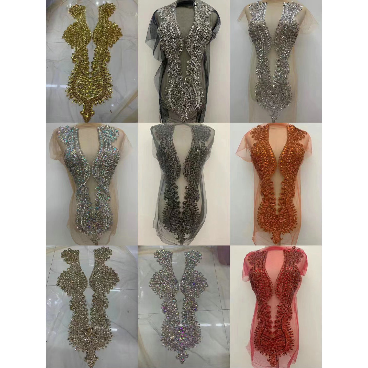 High End Handmade Gold Glass Panel Crystal Stone Bodices Applique Beading For Dress