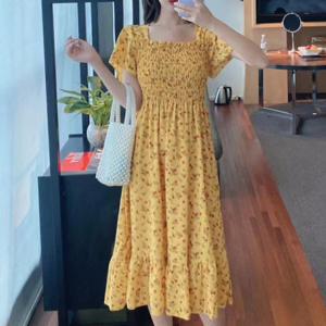 2022 Spring Summer New Elastic Vintage Square Neck Short Sleeve Midi Korean Dress Clothes Floral Print Woman Red Dresses