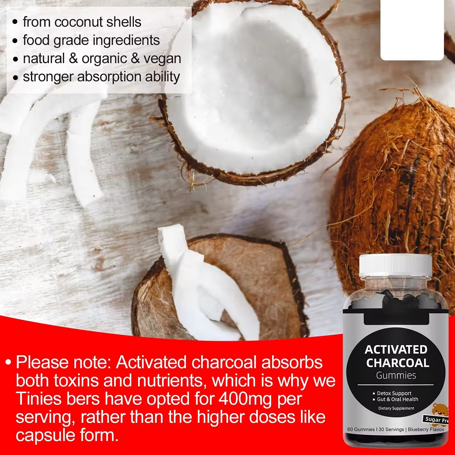 Coconut Activated Charcoal Gummies Boost Cleanse Detox for Adults & Kids Gut Oral Health Coconut Charcoal Gummies