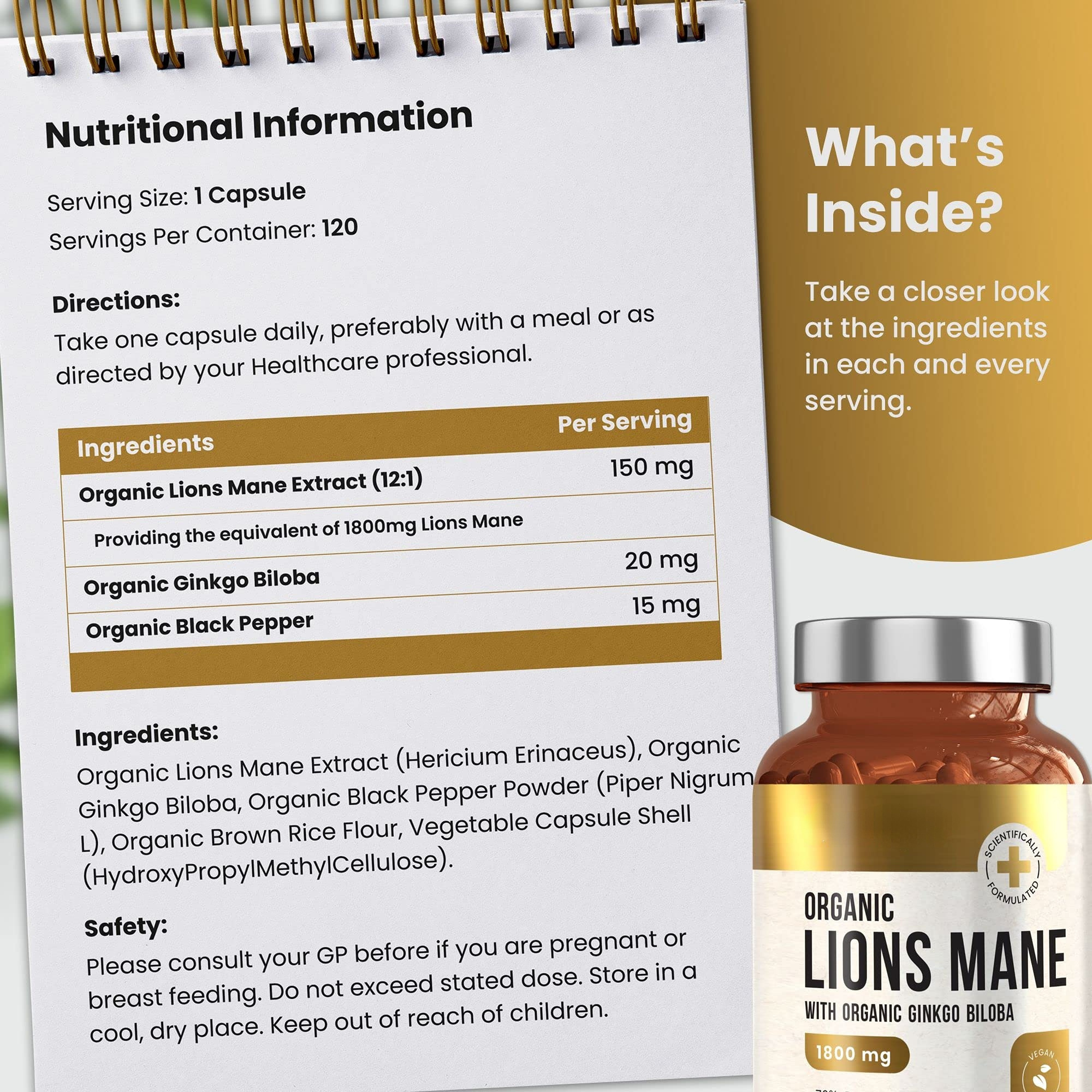 Organic Lions Mane Mushroom Capsules Complex Ginkgo Biloba Extract with Black Pepper Mushroom Capsule for Restful Mind Brain