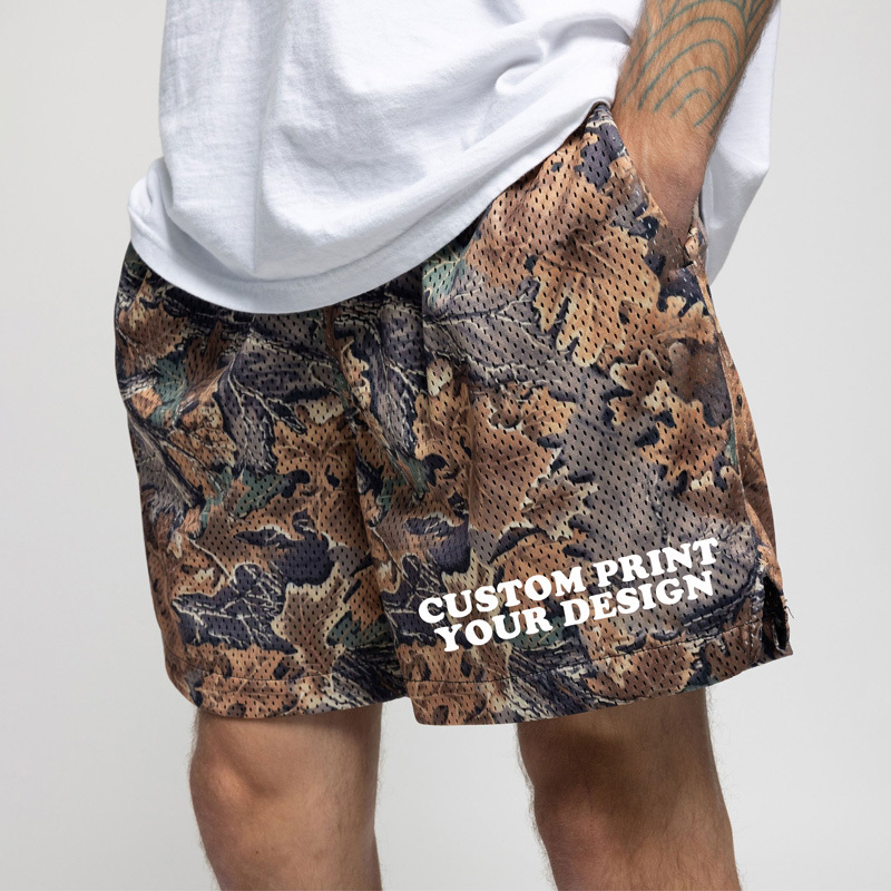 All Over Sublimation Print Summer Heavy Weight Polyester Men Unisex 6 Inch Inseam Custom Tree Camo  Basketball Mesh Shorts