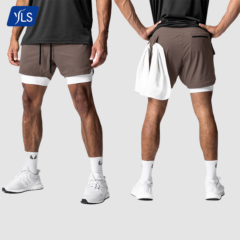 YLS Mens Sports Wear 2 In 1 Gym Shorts Running Breathable Lightweight Quick Dry Athletic Jogger Shorts With Towel Loop