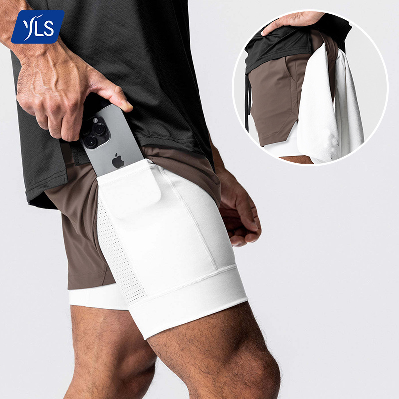 YLS Mens Sports Wear 2 In 1 Gym Shorts Running Breathable Lightweight Quick Dry Athletic Jogger Shorts With Towel Loop