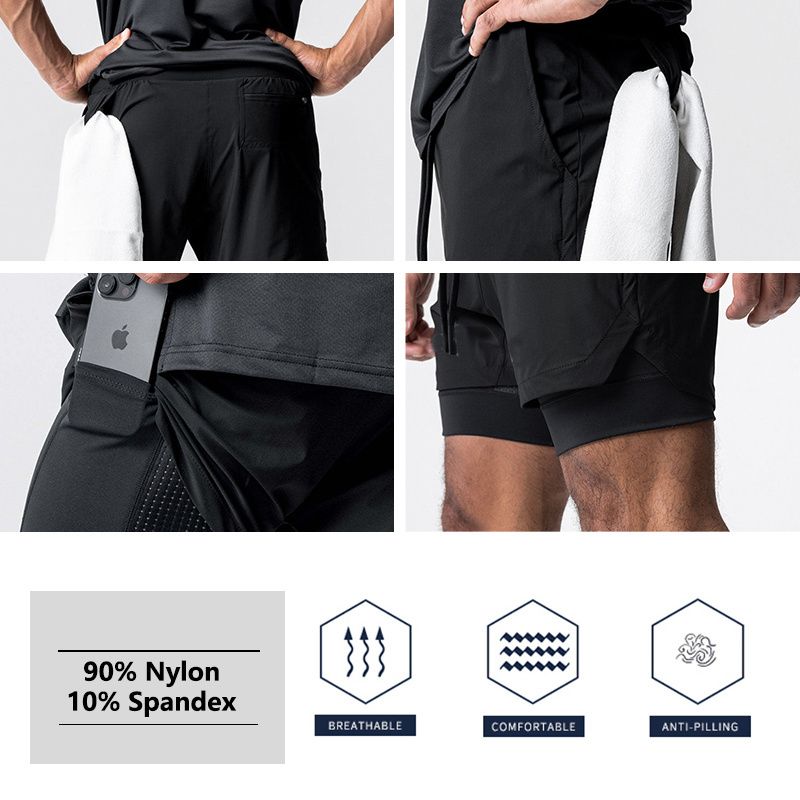 YLS Mens Sports Wear 2 In 1 Gym Shorts Running Breathable Lightweight Quick Dry Athletic Jogger Shorts With Towel Loop