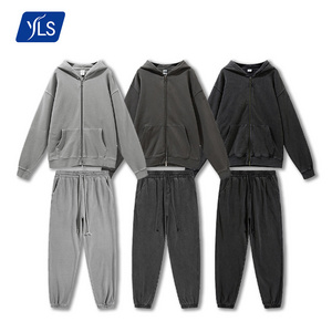 YLS Wholesale Men Sweat Suits Oversized Thick French Terry Vintage Plain Heavyweight Tracksuit Hoodie Set Unisex