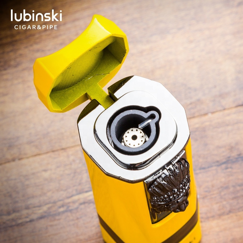 Lubinski Torch Lighter Triple Jet Flame Refillable Butane Cigar Lighter Windproof Lighter with Cigar Punch Rest Holder