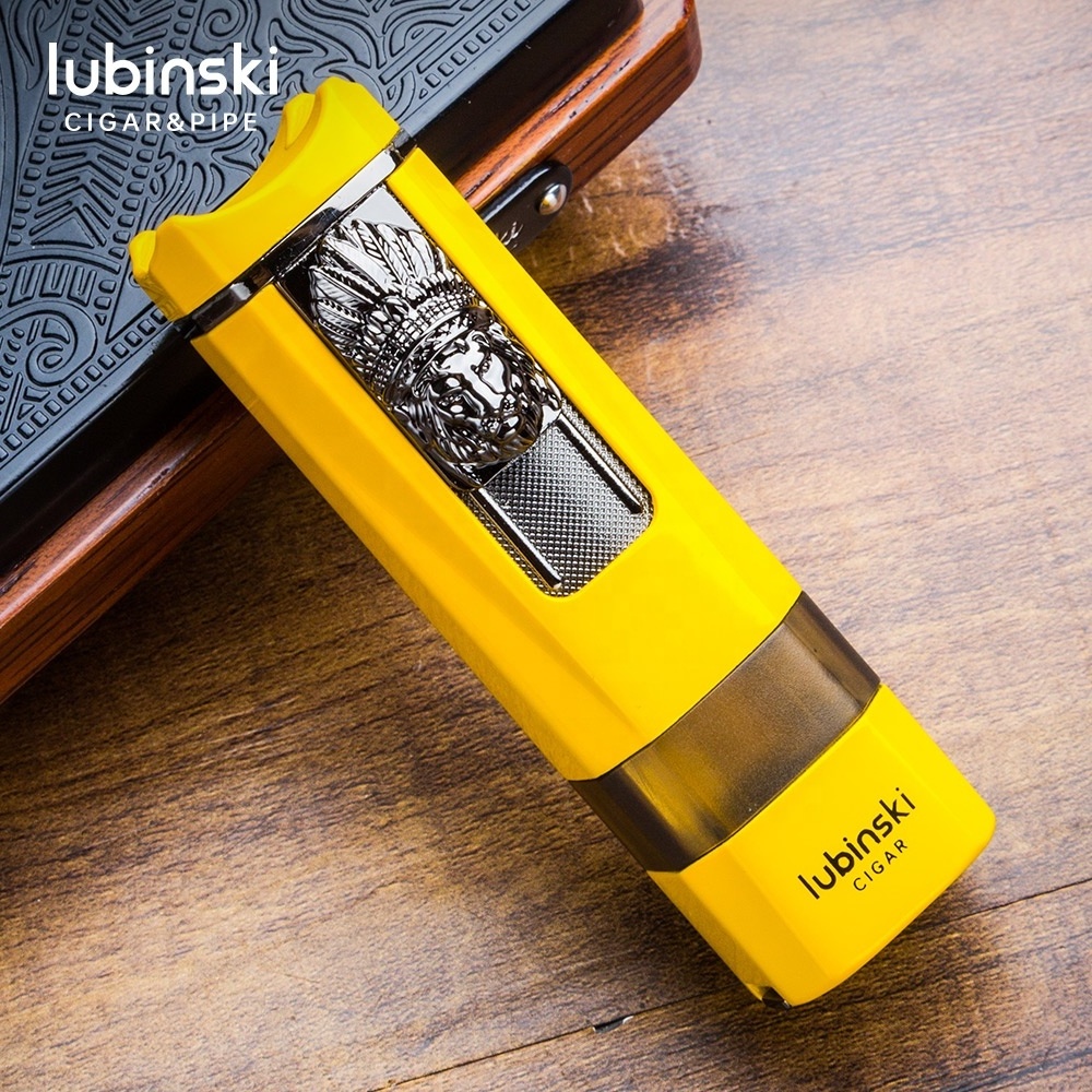 Lubinski Torch Lighter Triple Jet Flame Refillable Butane Cigar Lighter Windproof Lighter with Cigar Punch Rest Holder