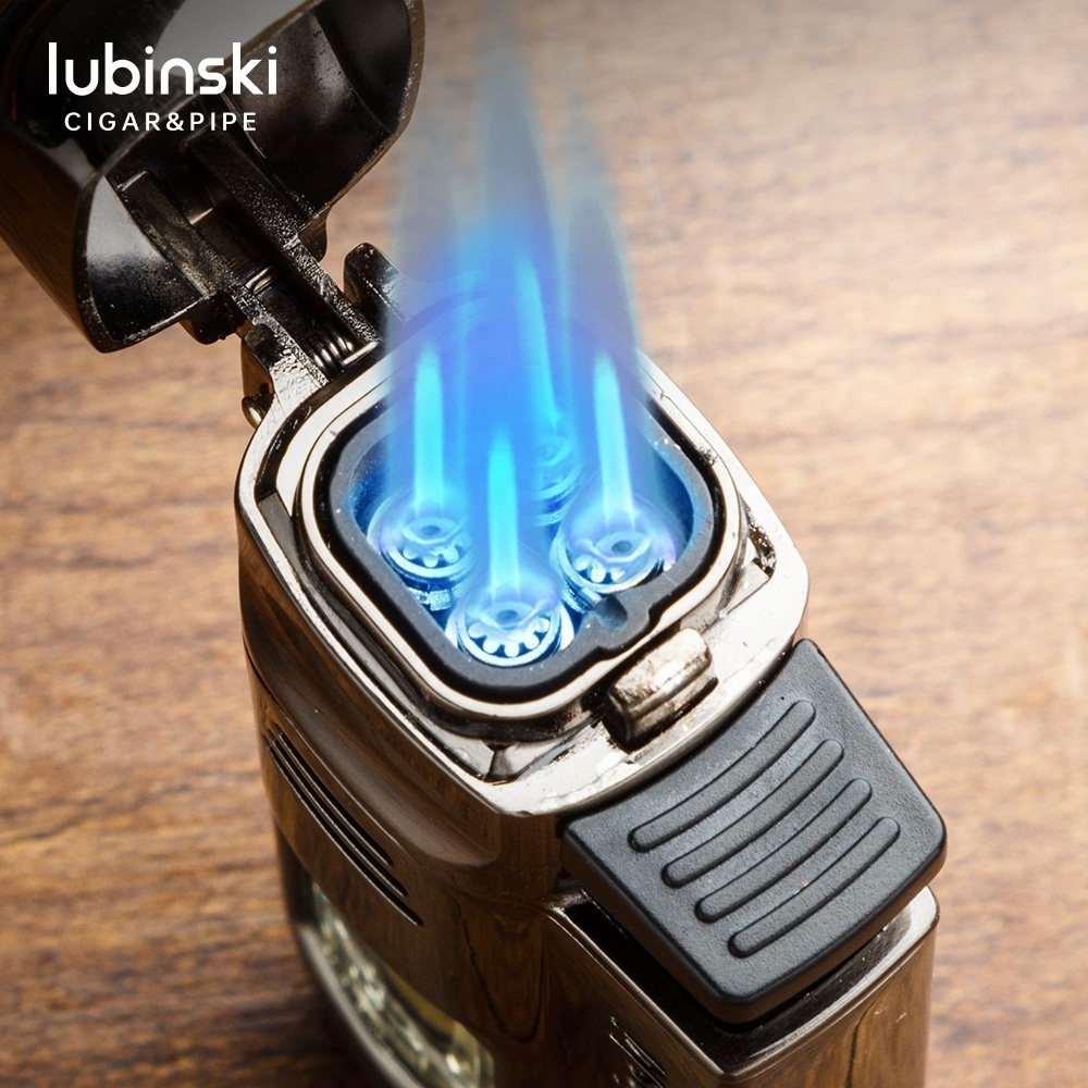 New Product Lubinski metal engraved 4 torches jet flame gas  lighter Cigar Lighter