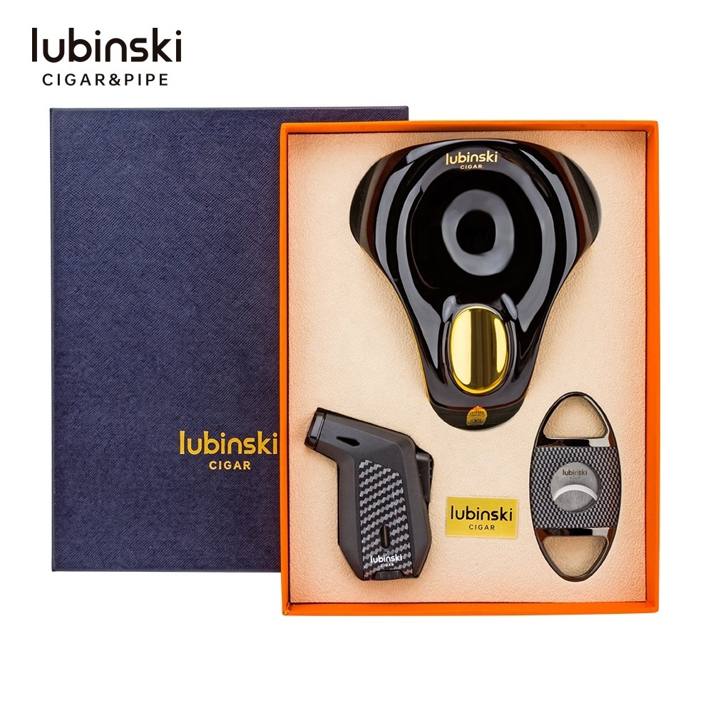 Lubinski High Quality Cigar Gift Set Cigars Ashtray With Cigar Cutter Sharp Blade And Gas Jet Flame 3 Torches Lighter