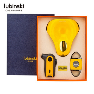 Lubinski High Quality Cigar Gift Set Cigars Ashtray With Cigar Cutter Sharp Blade And Gas Jet Flame 3 Torches Lighter