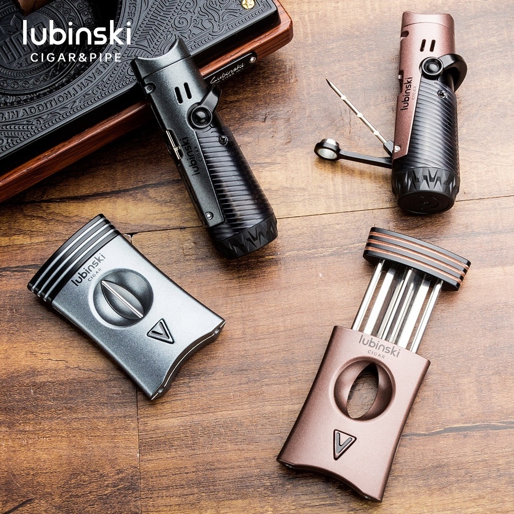 Lubinski Refillable Windproof Torch Lighter Set and Cigar Cutter Triple Jet Flame Butane Cigar Lighter with Puncher Pocket