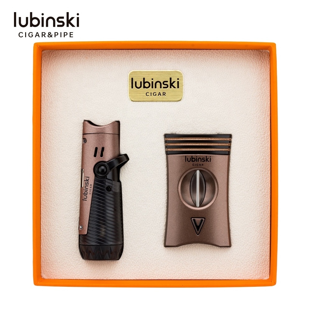 Lubinski Refillable Windproof Torch Lighter Set and Cigar Cutter Triple Jet Flame Butane Cigar Lighter with Puncher Pocket