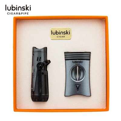 Lubinski Refillable Windproof Torch Lighter Set and Cigar Cutter Triple Jet Flame Butane Cigar Lighter with Puncher Pocket