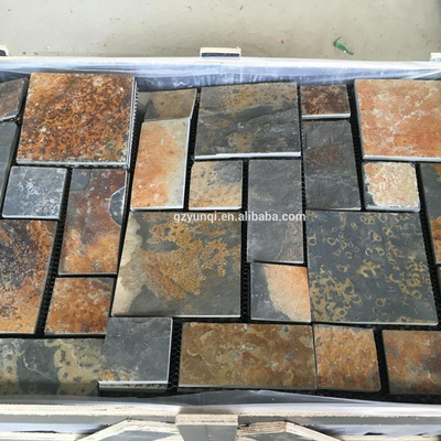 Cheap Price Natural Rusty slate stone flagstone brick tiles flooring stone with mesh backing Cheap slate paving stone