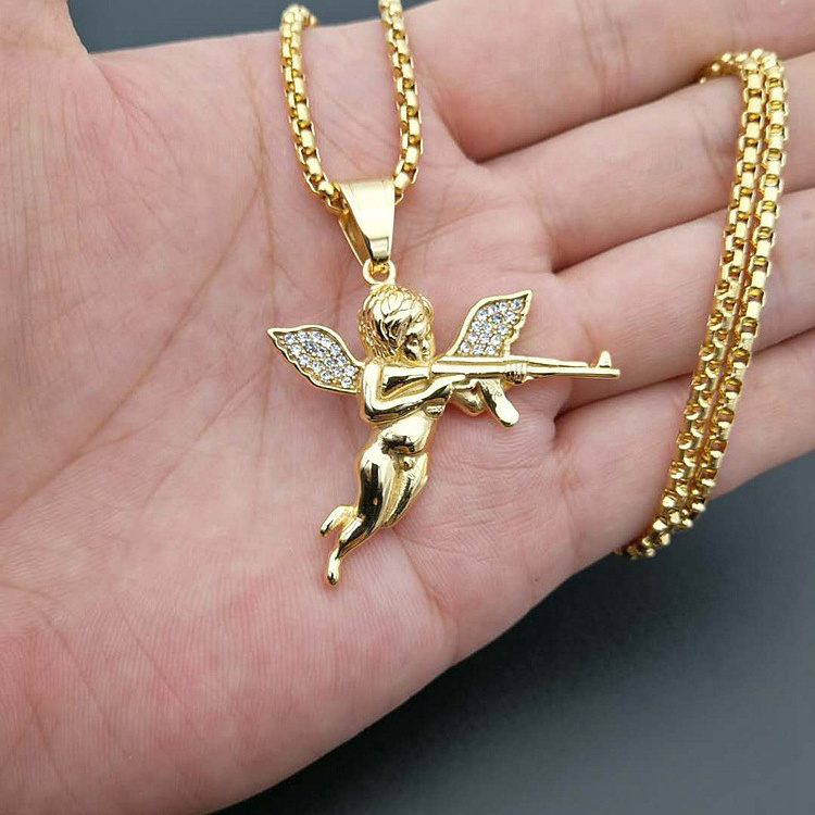 GZYS JEWELRY Hot Sale Hip Hop Jewelry Titanium Steel Gold Plated Crystal Diamond Angel Ak47 Pendant